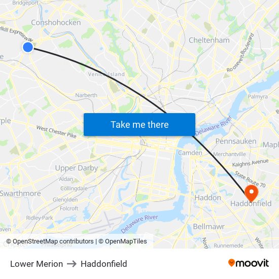 Lower Merion to Haddonfield map