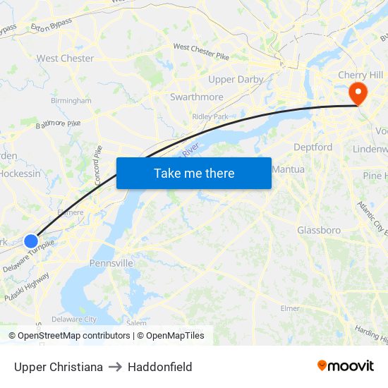 Upper Christiana to Haddonfield map