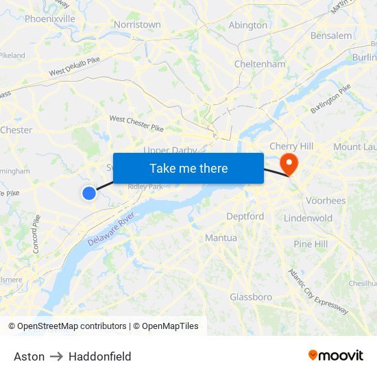 Aston to Haddonfield map