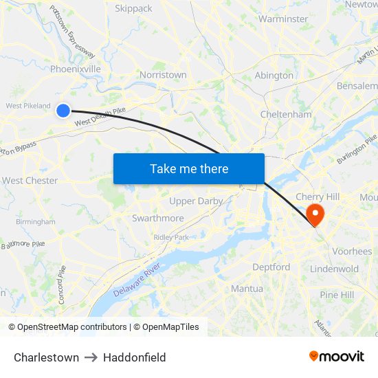 Charlestown to Haddonfield map
