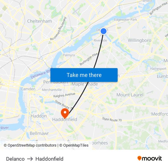 Delanco to Haddonfield map