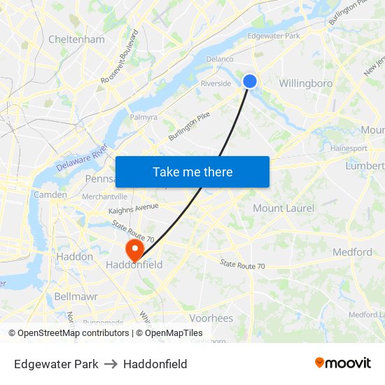 Edgewater Park to Haddonfield map