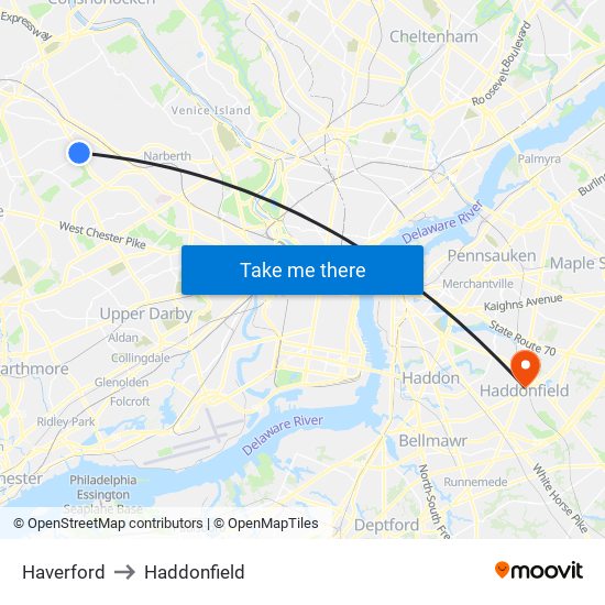 Haverford to Haddonfield map