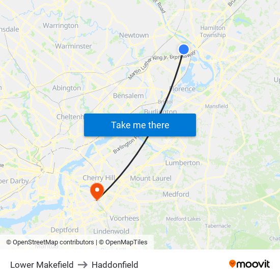 Lower Makefield to Haddonfield map