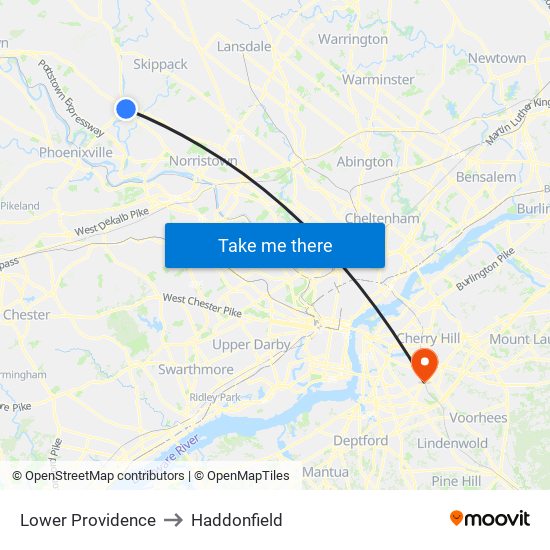 Lower Providence to Haddonfield map