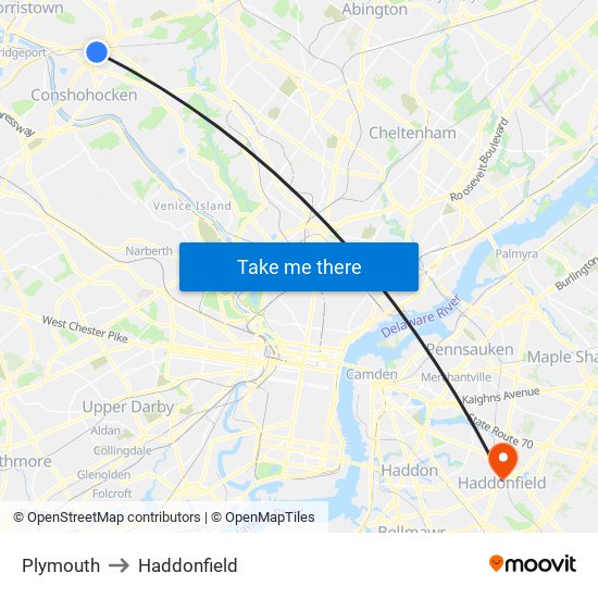 Plymouth to Haddonfield map