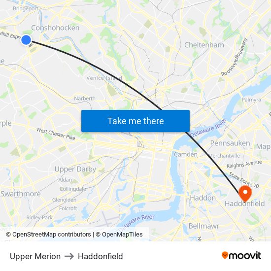 Upper Merion to Haddonfield map