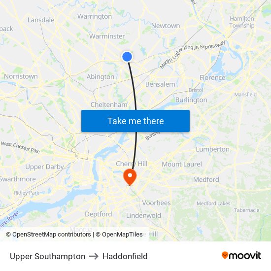 Upper Southampton to Haddonfield map