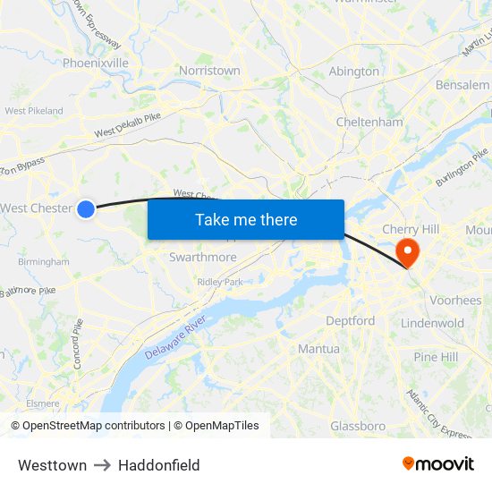 Westtown to Haddonfield map