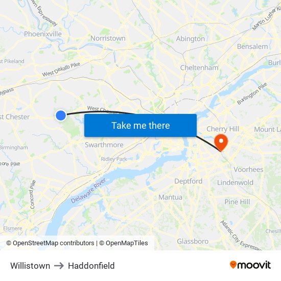 Willistown to Haddonfield map