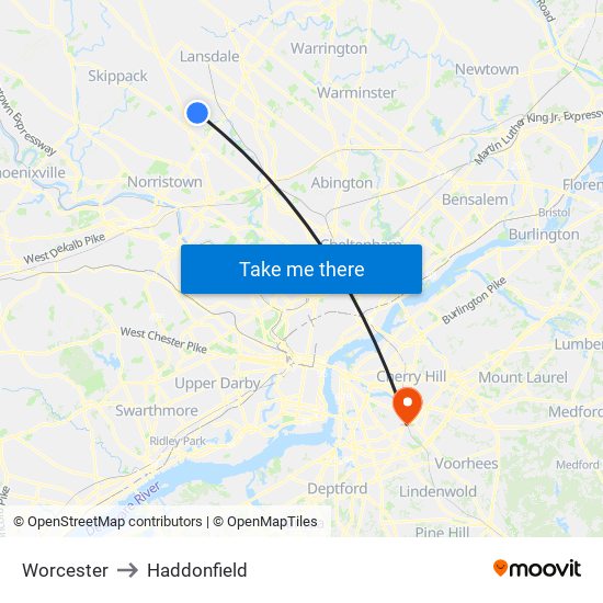 Worcester to Haddonfield map