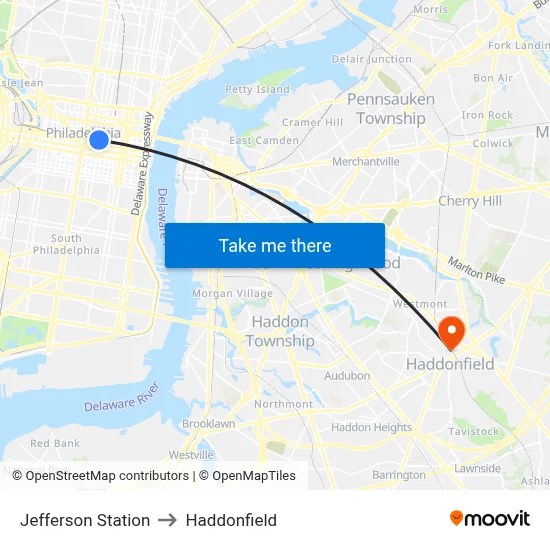 Jefferson Station to Haddonfield map
