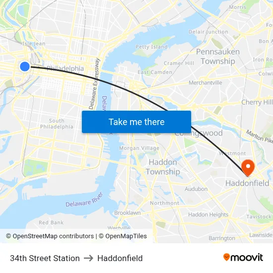 34th Street Station to Haddonfield map