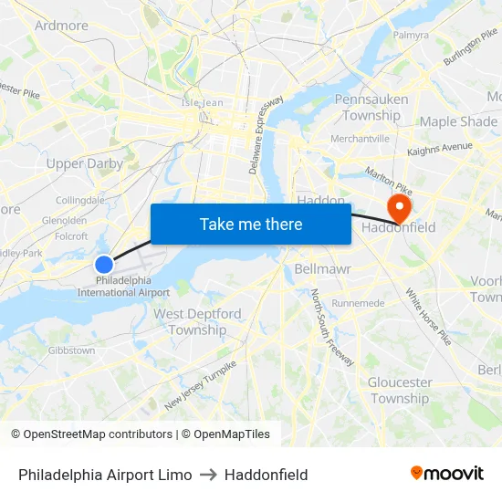 Philadelphia Airport Limo to Haddonfield map