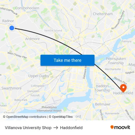 Villanova University Shop to Haddonfield map