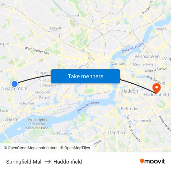 Springfield Mall to Haddonfield map
