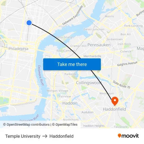 Temple University to Haddonfield map