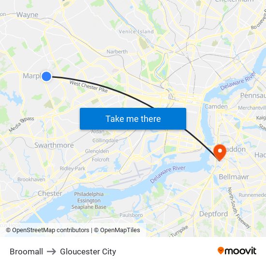 Broomall to Gloucester City map