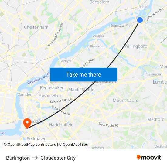 Burlington to Gloucester City map