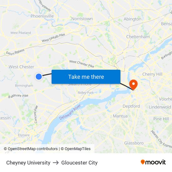 Cheyney University to Gloucester City map