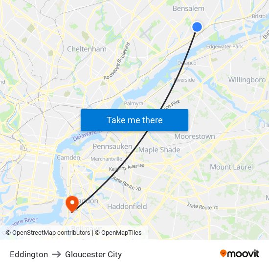 Eddington to Gloucester City map