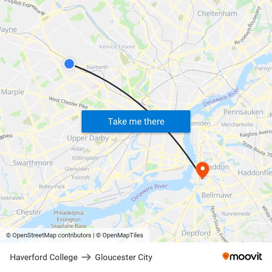 Haverford College to Gloucester City map