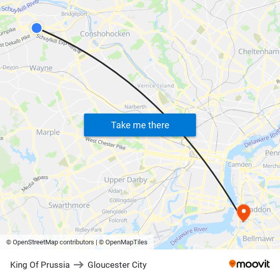 King Of Prussia to Gloucester City map