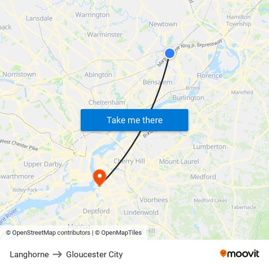 Langhorne to Gloucester City map