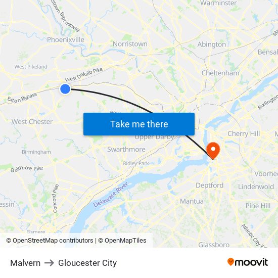 Malvern to Gloucester City map