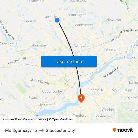 Montgomeryville to Gloucester City map