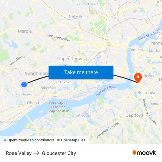 Rose Valley to Gloucester City map