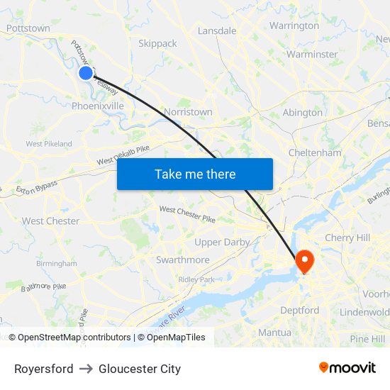 Royersford to Gloucester City map