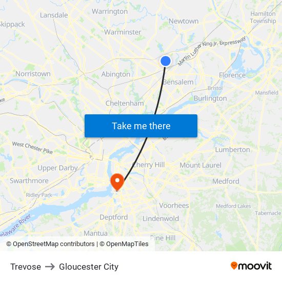 Trevose to Gloucester City map