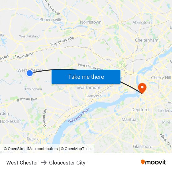 West Chester to Gloucester City map