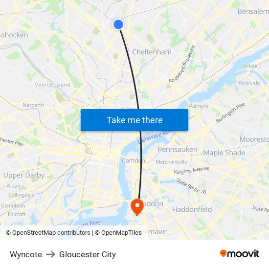 Wyncote to Gloucester City map