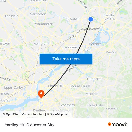 Yardley to Gloucester City map