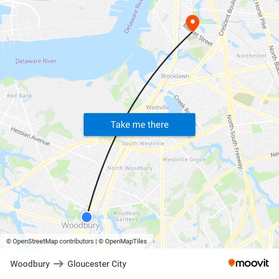 Woodbury to Gloucester City map