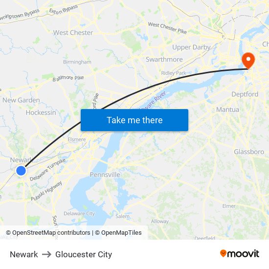 Newark to Gloucester City map