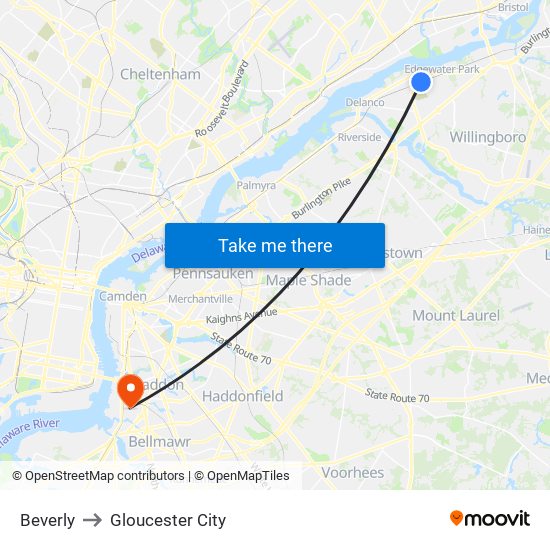 Beverly to Gloucester City map