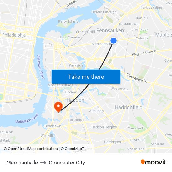 Merchantville to Gloucester City map