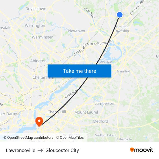 Lawrenceville to Gloucester City map