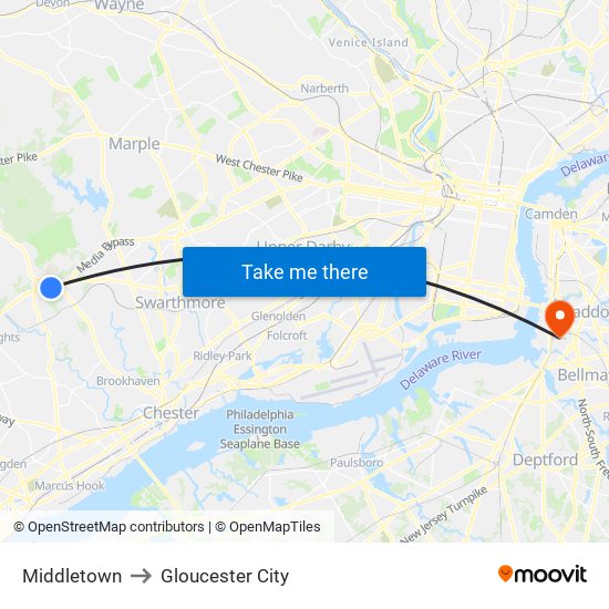 Middletown to Gloucester City map