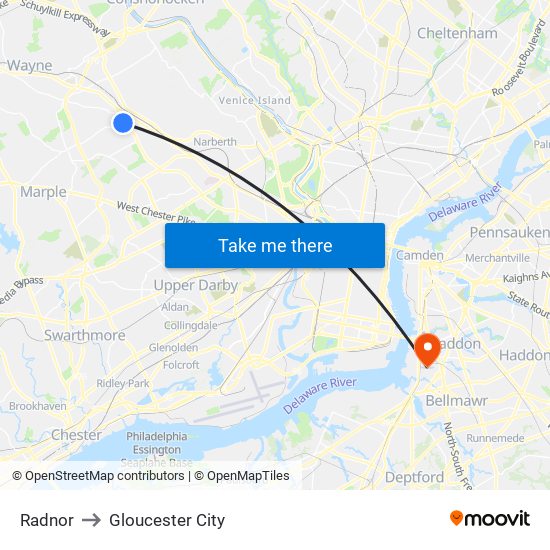 Radnor to Gloucester City map