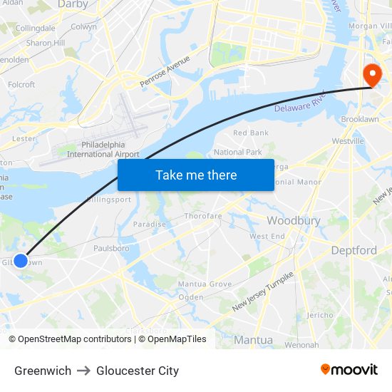 Greenwich to Gloucester City map