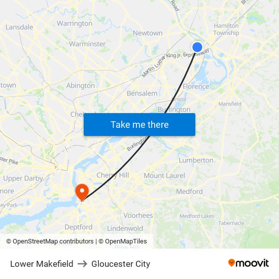 Lower Makefield to Gloucester City map