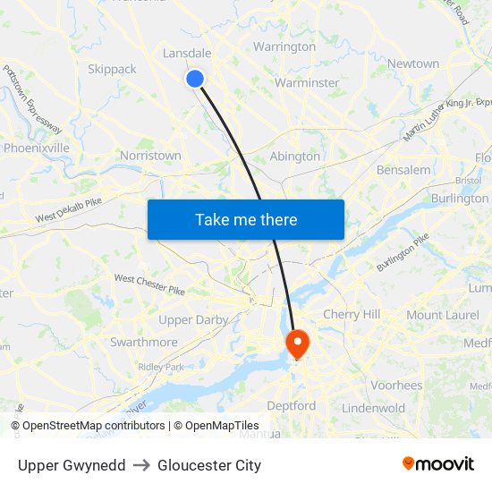 Upper Gwynedd to Gloucester City map