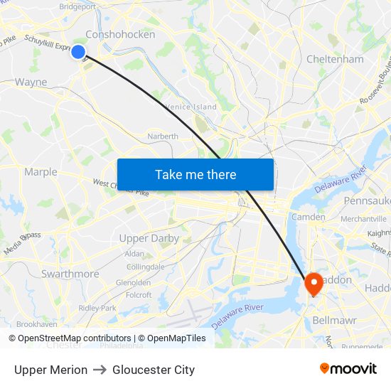 Upper Merion to Gloucester City map