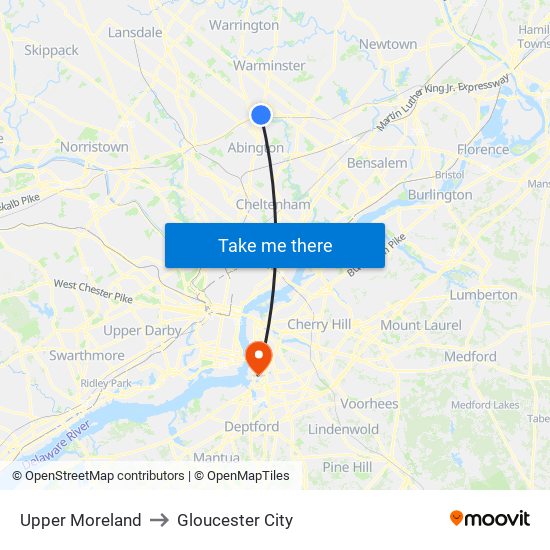 Upper Moreland to Gloucester City map