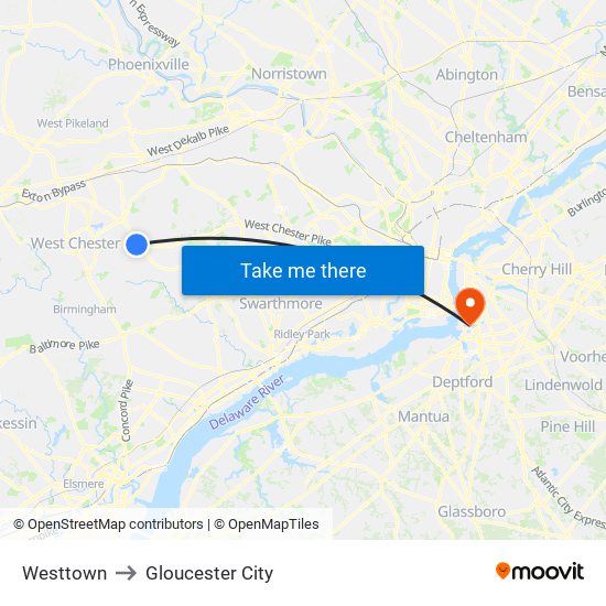 Westtown to Gloucester City map