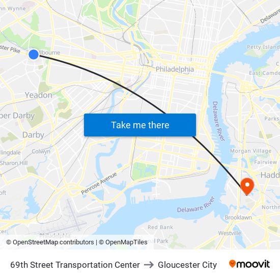 69th Street Transportation Center to Gloucester City map